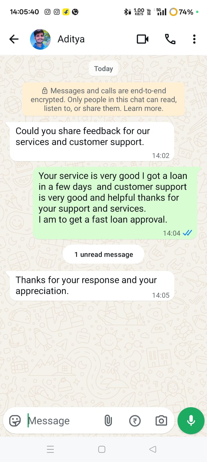 WhatsApp feedback from Zeeshan