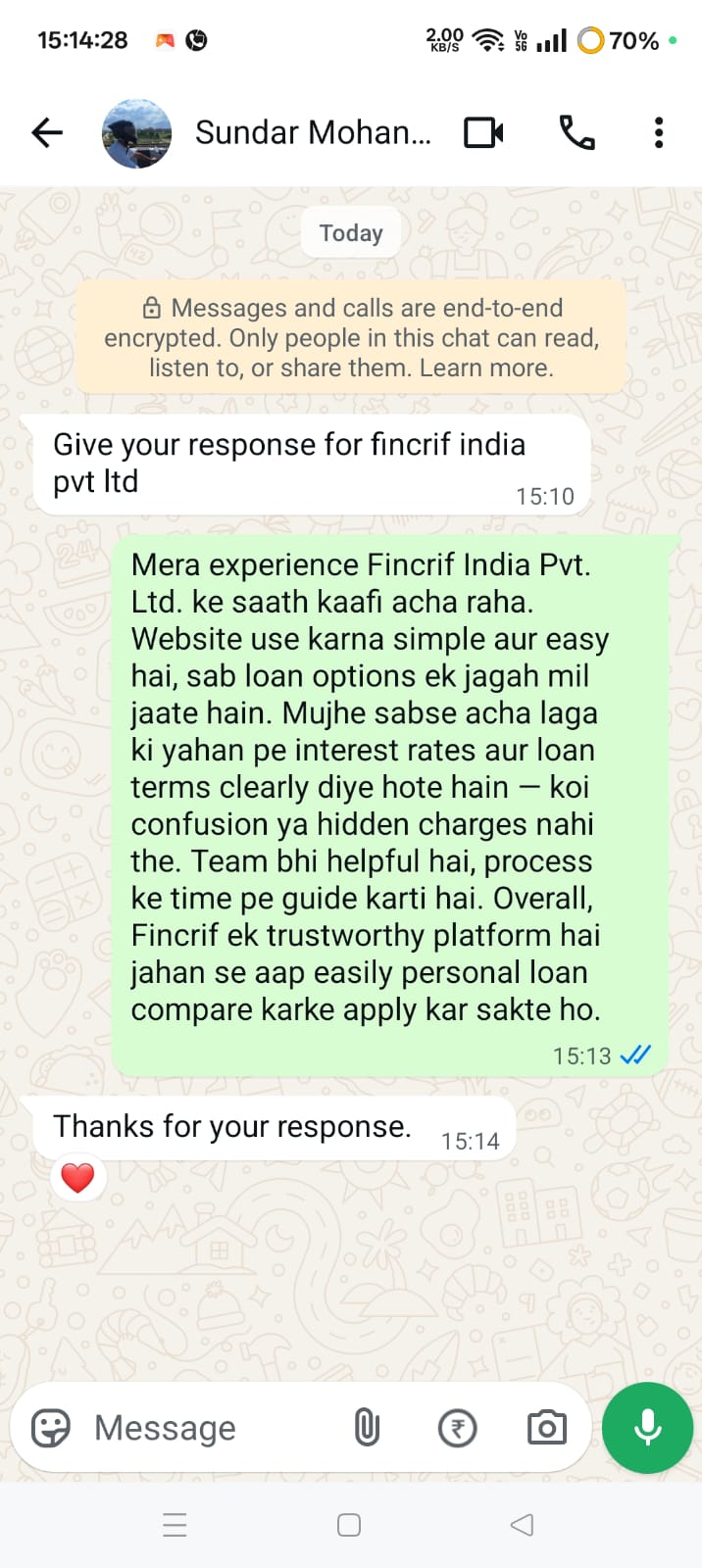 WhatsApp feedback from Shruti